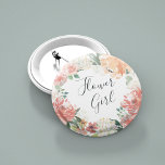 Midsummer Floral Flower Girl 2 Inch Round Button<br><div class="desc">Identify the key players at your bridal shower with our elegant,  sweetly chic floral buttons. Button features a watercolor floral wreath of peachy pink peonies,  white hydrangea flowers and botanical greenery with "flower girl" inscribed inside in hand lettered script.</div>