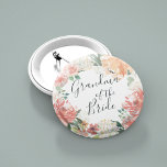 Midsummer Floral Grandma of the Bride 2 Inch Round Button<br><div class="desc">Identify the key players at your bridal shower with our elegant,  sweetly chic floral buttons. Button features a watercolor floral wreath of peachy pink peonies,  white hydrangea flowers and botanical greenery with "grandma of the bride" inscribed inside in hand lettered script.</div>