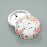 Midsummer Floral Junior Bridesmaid 2 Inch Round Button<br><div class="desc">Identify the key players at your bridal shower with our elegant,  sweetly chic floral buttons. Button features a watercolor floral wreath of peachy pink peonies,  white hydrangea flowers and botanical greenery with "junior bridesmaid" inscribed inside in hand lettered script.</div>