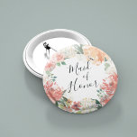 Midsummer Floral Maid of Honour 2 Inch Round Button<br><div class="desc">Identify the key players at your bridal shower with our elegant,  sweetly chic floral buttons. Button features a watercolor floral wreath of peachy pink peonies,  white hydrangea flowers and botanical greenery with "maid of honour" inscribed inside in hand lettered script.</div>