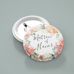 Midsummer Floral Matron of Honour 2 Inch Round Button<br><div class="desc">Identify the key players at your bridal shower with our elegant,  sweetly chic floral buttons. Button features a watercolor floral wreath of peachy pink peonies,  white hydrangea flowers and botanical greenery with "matron of honour" inscribed inside in hand lettered script.</div>
