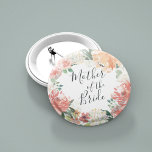 Midsummer Floral Mother of the Bride 2 Inch Round Button<br><div class="desc">Identify the key players at your bridal shower with our elegant,  sweetly chic floral buttons. Button features a watercolor floral wreath of peachy pink peonies,  white hydrangea flowers and botanical greenery with "mother of the bride" inscribed inside in hand lettered script.</div>