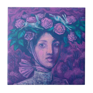 Midsummer Hat, Summer Fantasy Surreal Portrait Art Tile