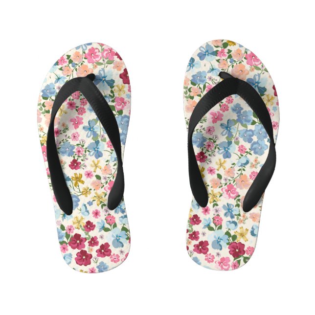 Midsummer meadow, blooming plant pattern. kid's flip flops (Footbed)
