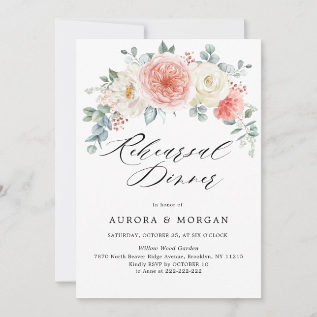Midsummer Peach Pastel Floral Rehearsal Dinner Invitation (Front)