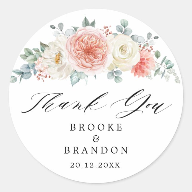 Midsummer Peach Pastel Pink Floral Thank you Classic Round Sticker (Front)