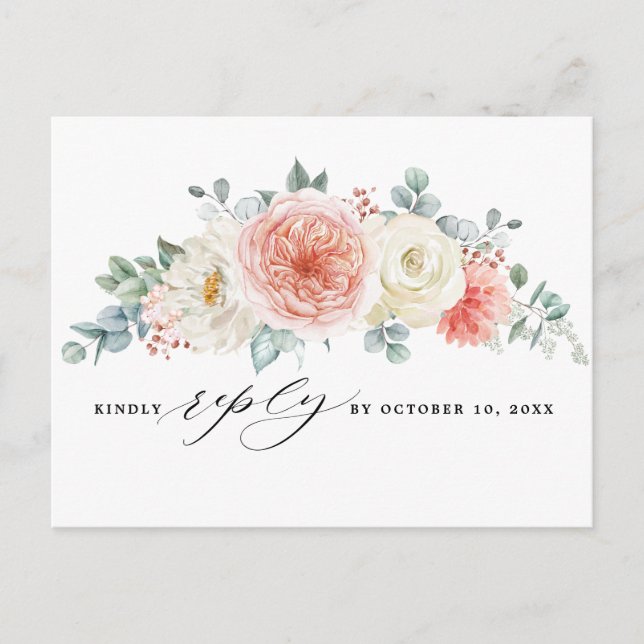 Midsummer Peach Pastel Pink Floral Wedding RSVP Postcard (Front)