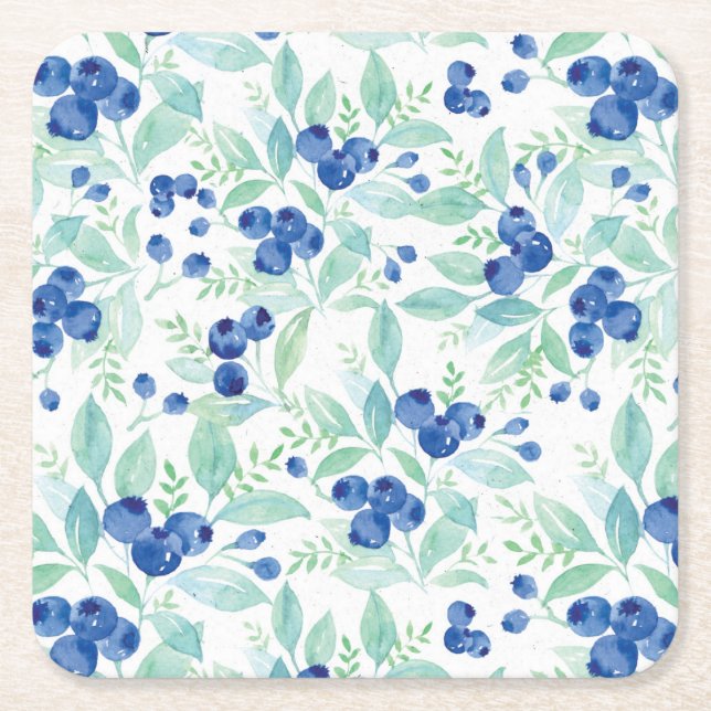 Midsummer Rustic Blueberry Berry Summer  Pattern Square Paper Coaster (Front)