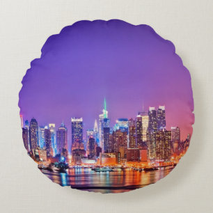 Midtown Manhattan at night with Empire Stae Round Pillow