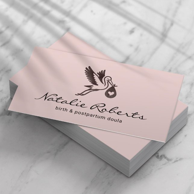 Midwife Doula Birth Coach Stork Logo Blush Pink Business Card (Creator Uploaded)