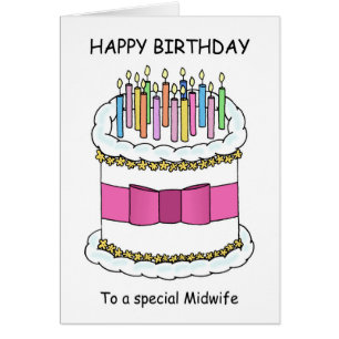 Midwife Happy Birthday Cartoon Cake and Candles.