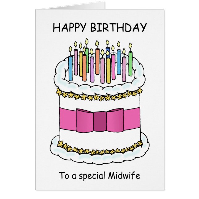 Midwife Happy Birthday Cartoon Cake and Candles. (Front)
