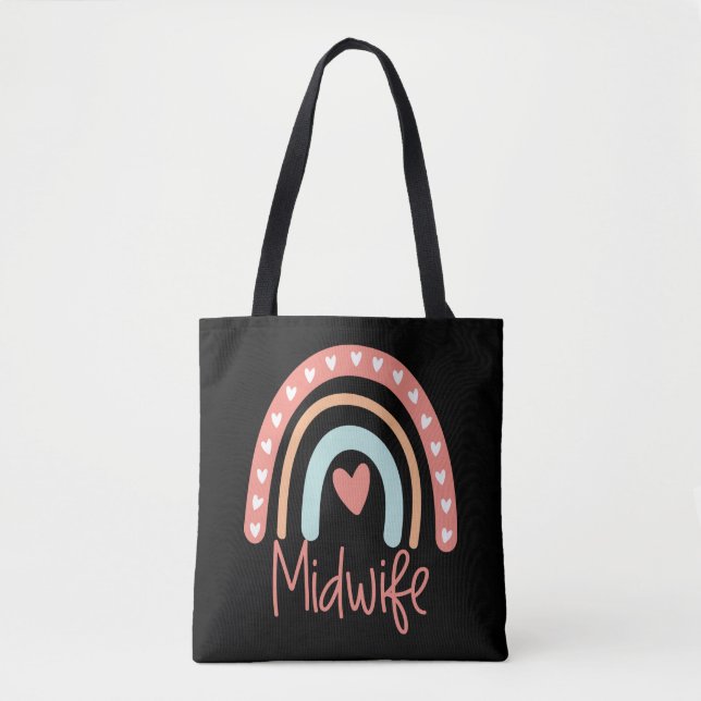 Midwife Midwifery Gift Boho Rainbow Tote Bag (Front)