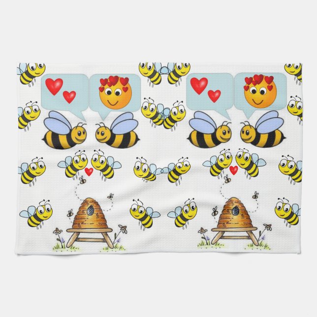 Miel abeille noir blanc serviette de cuisine décor (Horizontal)