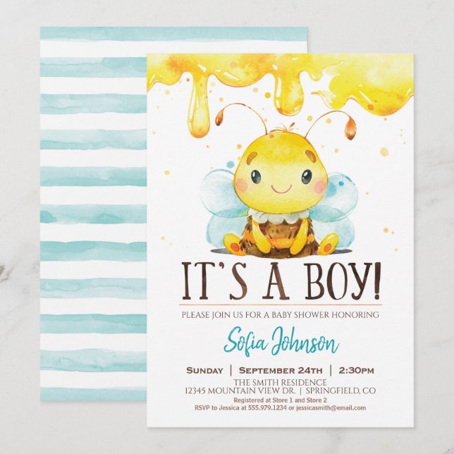 Miel Bee Baby shower Boy Invitation (Devant / Derrière)