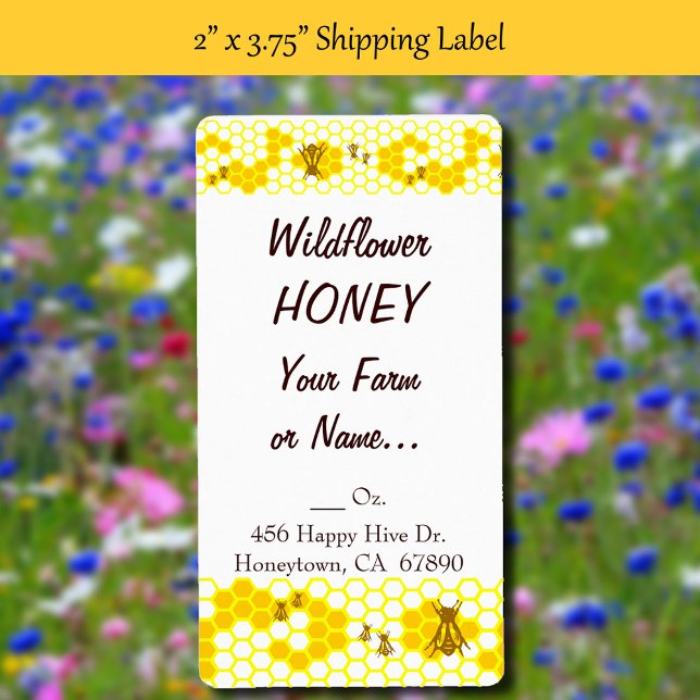 Miel Bee Honeycomb Personnalisé 2" x 3,75" Étiquet (Honey Bee Honeycomb Custom 2 x 3.75 Shipping Label)