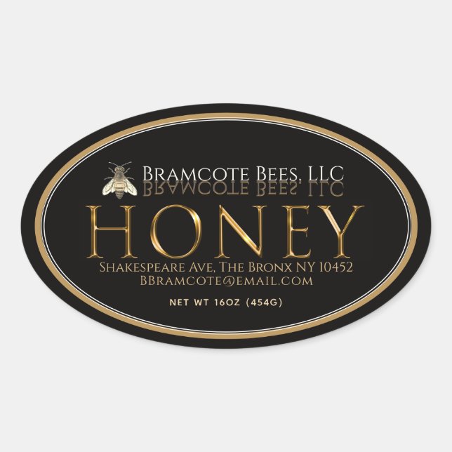 Miel ovale or étiquette sur noir avec abeille vint (Devant)