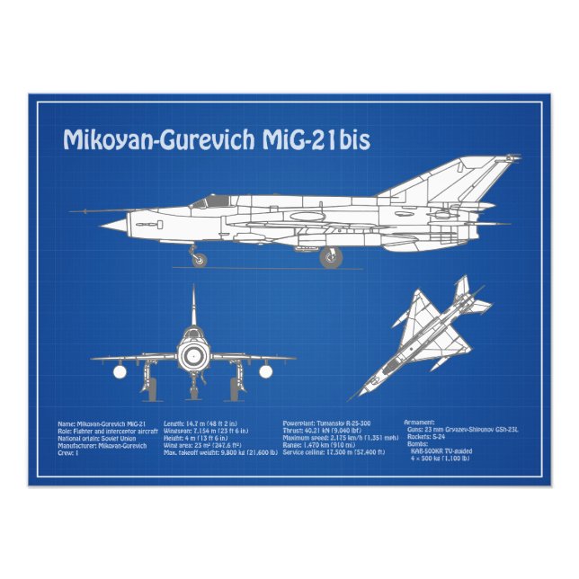 MiG-21 bis - Airplane Blueprint Plans ABD Photo Print (Front)