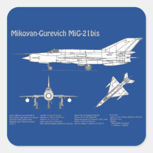 MiG-21 bis - Airplane Blueprint Plans ABD Square Sticker