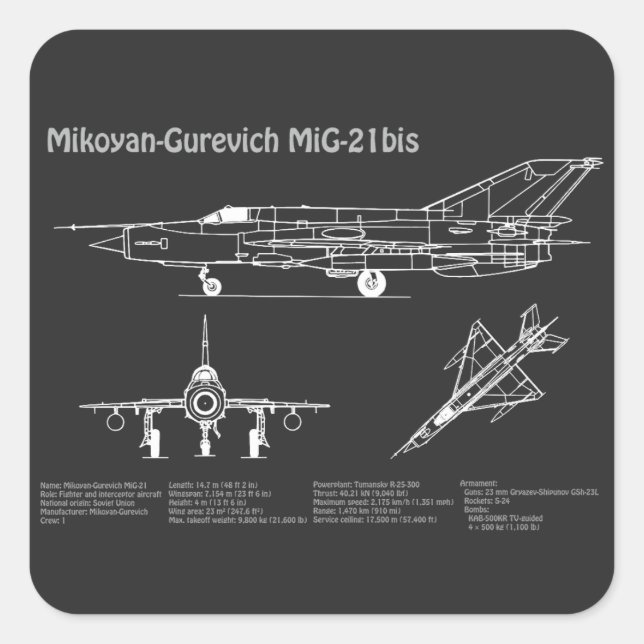 MiG-21 bis - Airplane Blueprint Plans PD Square Sticker (Front)
