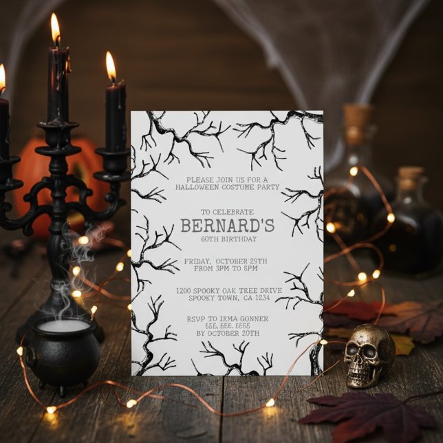 Mighty as the Oak Spooky Adult Birthday Invitation (Spooky Oak Trees Halloween Birthday Invitation for Him. Black & White Scary Oak Tree Illustration)