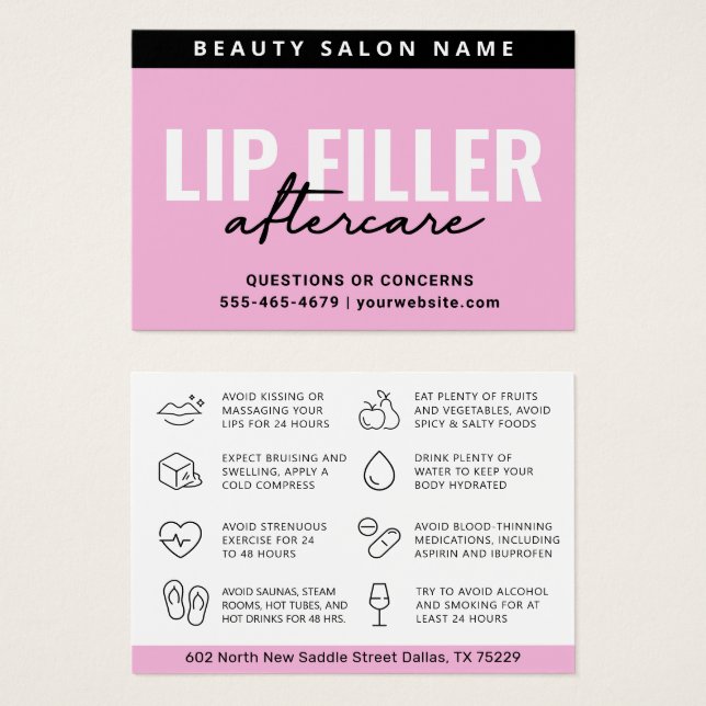 Mighty Pink Lip Filler Aftercare Instructions Card (Front & Back)