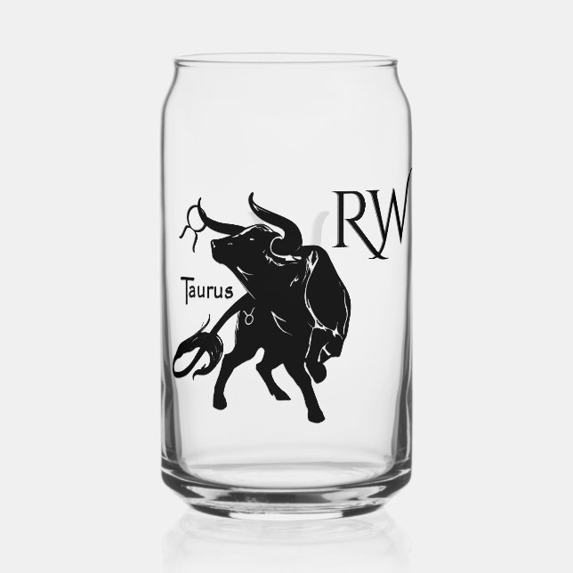 Mighty Taurus the Bull Zodiac Monogram Can Glass (Front)