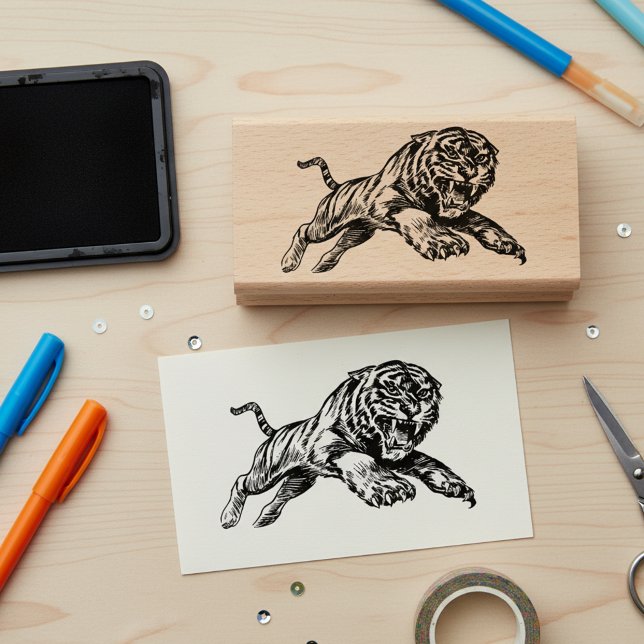 Mighty Tiger Wooden Art Stamp (Mighty roaring tiger wooden art stamp.)