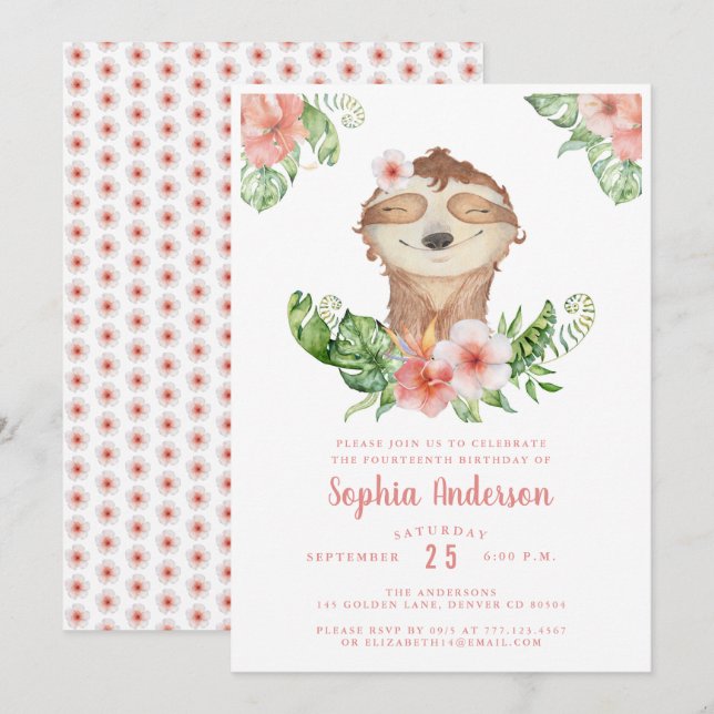 Mignon 14e anniversaire fleurie invitation fille (Devant / Derrière)