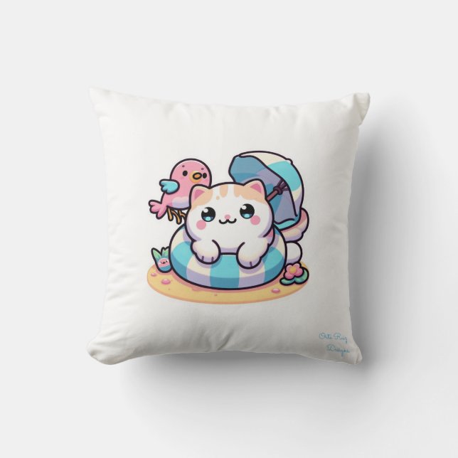 mignon chat kawaii à la plage Coussin de jet (Recto)