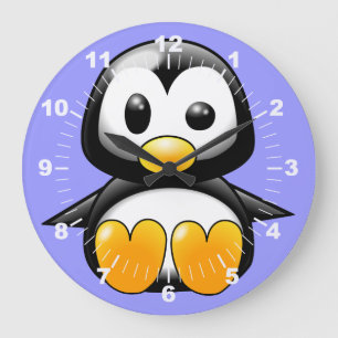 Mignon manchot sur horloge murale bleue