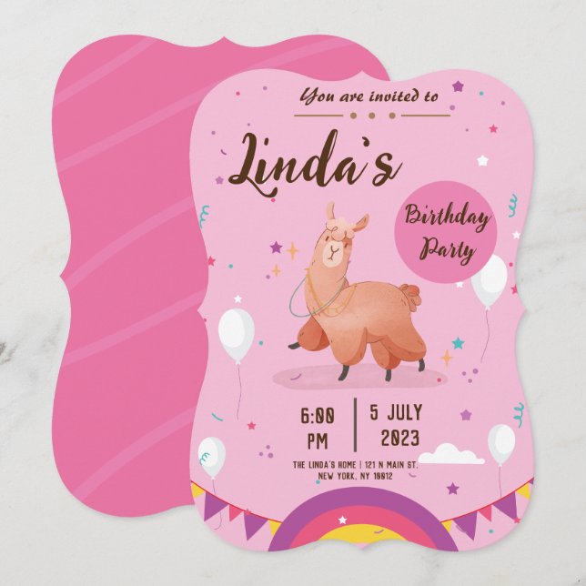 mignon rose llama Anniversaire Invitation (Devant / Derrière)