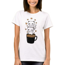 Mignon T-Shirt Chat Kawaii Buvant Café Mug Cœurs