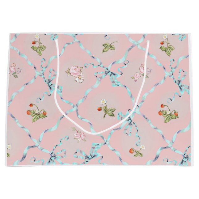 Mignonette Strawberries Ribbon Trellis Blush Pink  Large Gift Bag (Front)