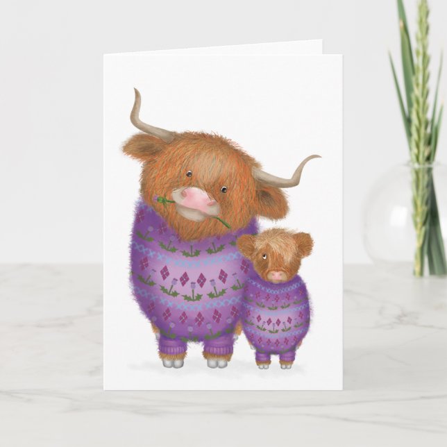 Mignonne carte blanche mère et bébé vache Highland (Devant)