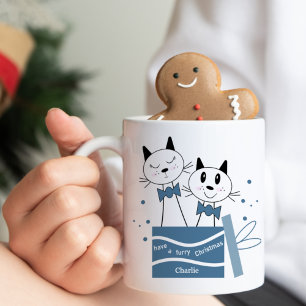 Mignonne Chat Noël présente Mug (Vert Bleu)