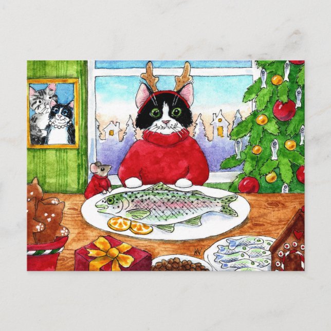 Mignonne chat poisson carte postale de Noël hiver (Devant)