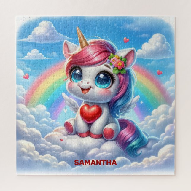 Mignonne fille licorne avec coeur sur un puzzle de (Vertical)