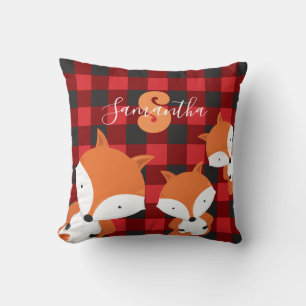 Mignonne Fox Monogramme Nom Plaid Jeu Oreiller