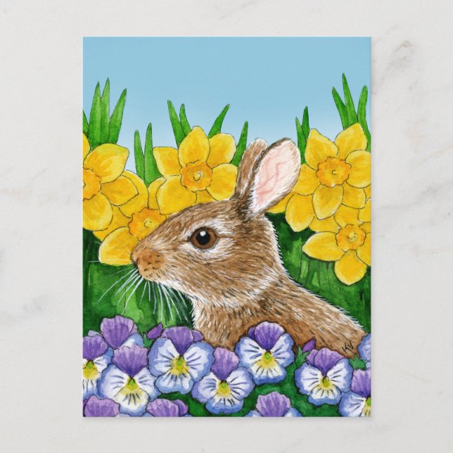 Mignonne lapin lapin Pâques Printemps fleurs carte (Devant)