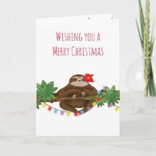 Mignonne paresse avec carte de Noël poinsettia