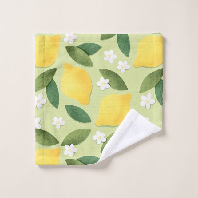Mignons citrons jaunes, fleurs blanches et feuille (Gant de toilette)