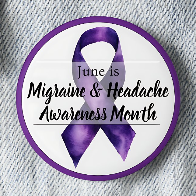  Migraine & Headache Awareness Month June 2 Inch Round Button (Migraine & Headache Awareness Month.  June. Purple awareness ribbon.)