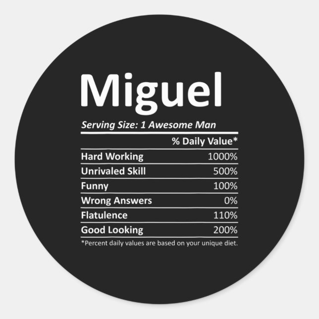Miguel Nutrition Funny Birthday D Name  Classic Round Sticker (Front)