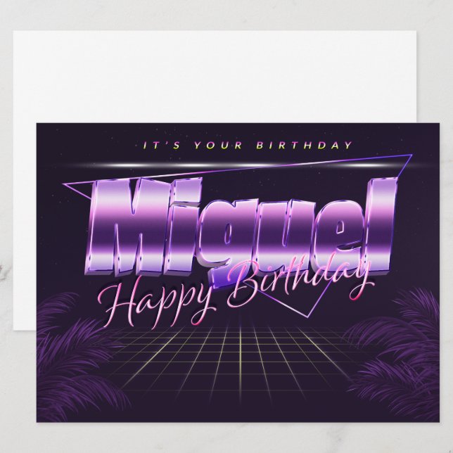Miguel prénom carte rétro lilas pour anniversaire (Devant / Derrière)