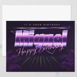 Miguel Prénom lila retro Carte Anniversaire