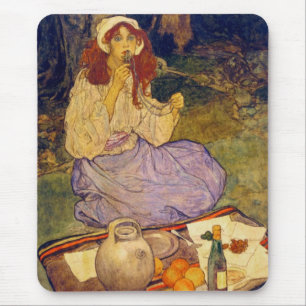 Miguela, kneeling still, put it to her lip mouse pad