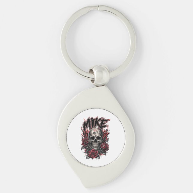 Mike Gothic Skull with Red Roses and Flames Keychain (Front)
