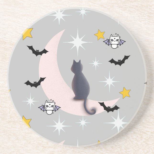 Mikitiez black cat bat halloween fall winter moon coaster (Front)
