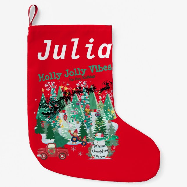 Mikitiez classicwhitechristmas light jollyholly small christmas stocking (Front)